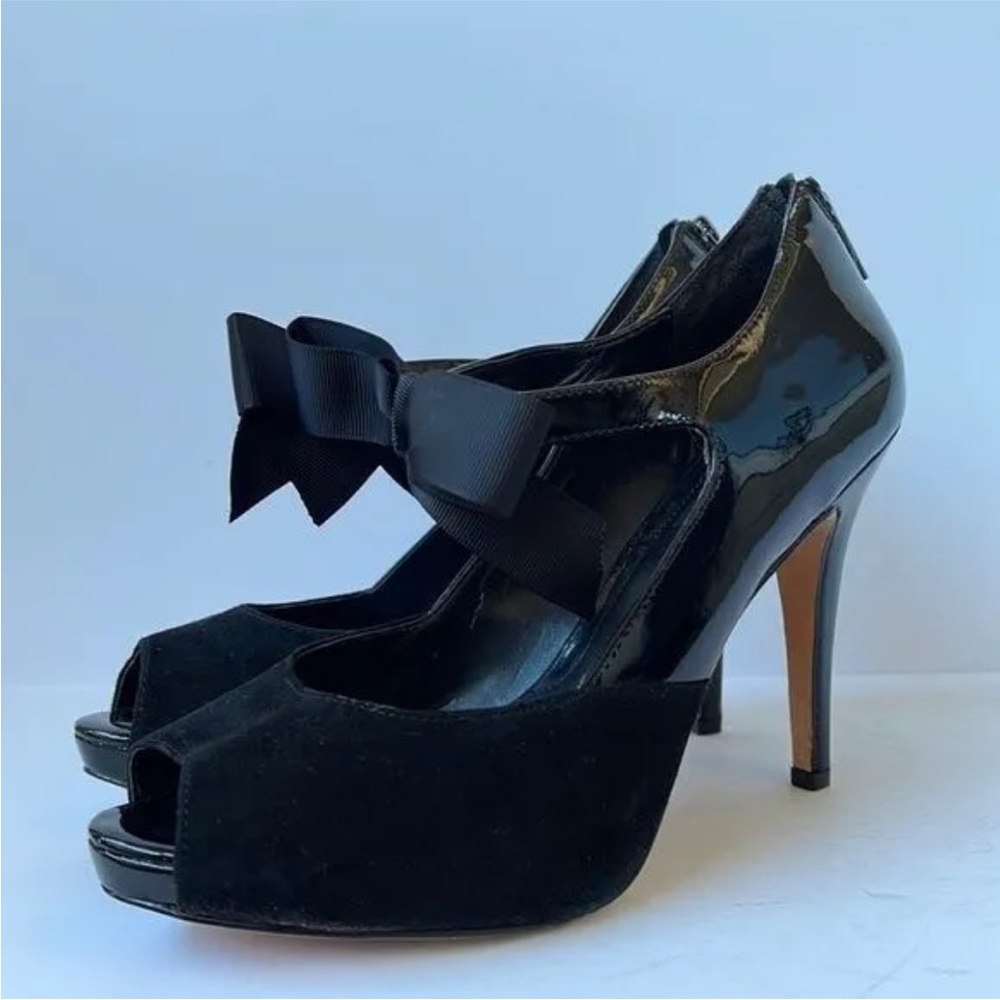 Size 8.5 👠🔥WHBM "Raegan" Peep Toe Bowtie 🎀 Platform Heels 4" EUC